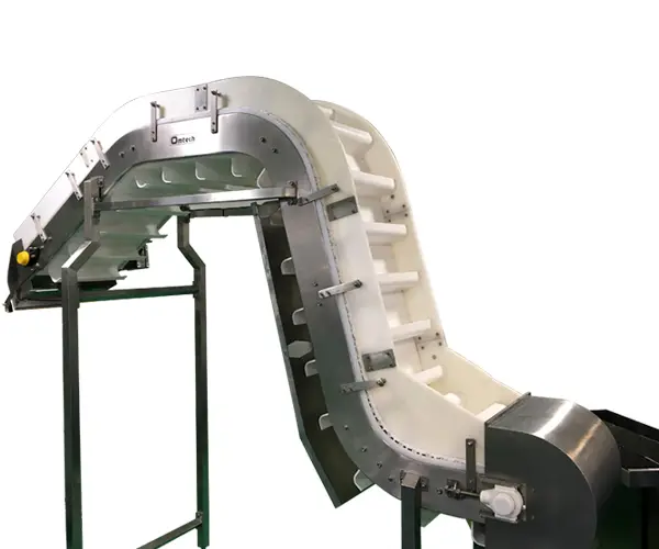 Modular tight radius flush grid incline, Modular Infeed Conveyor for Chocolate Industry 